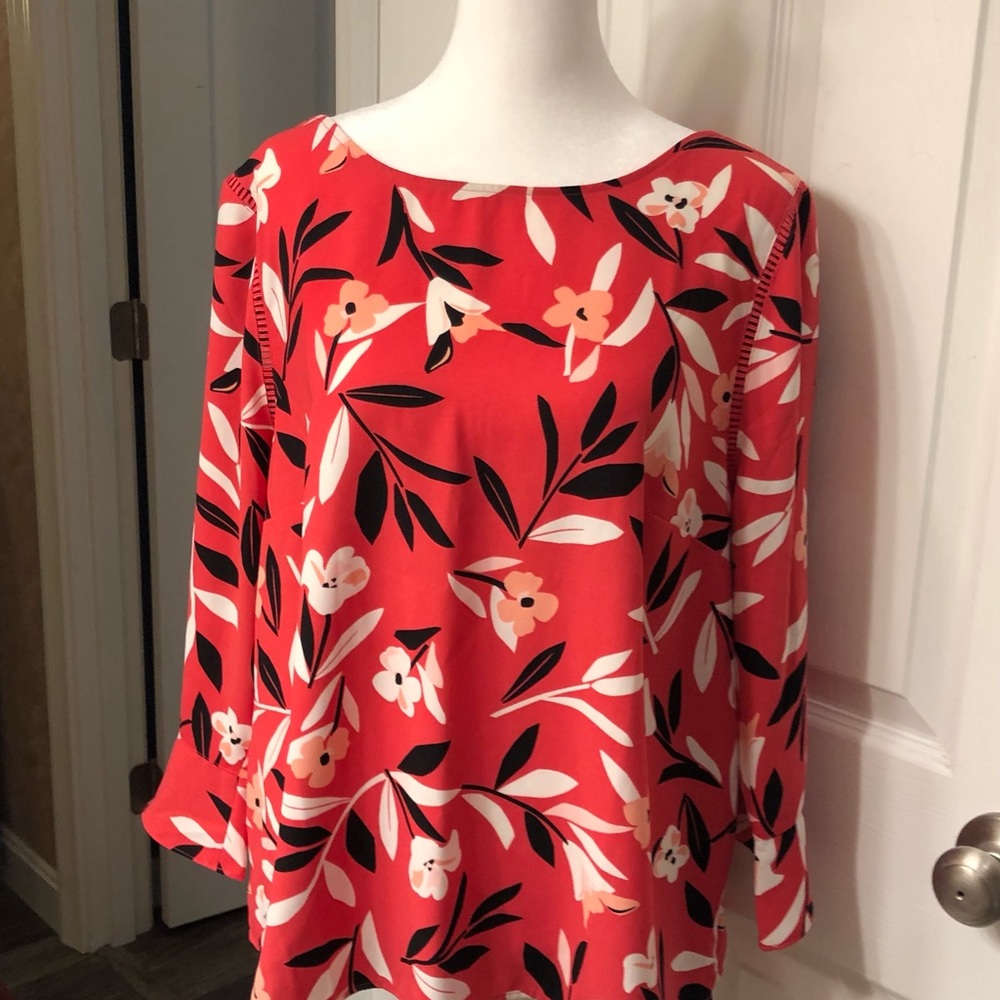 TALBOTS blouse large petite poppy red floral side zipper nwot
